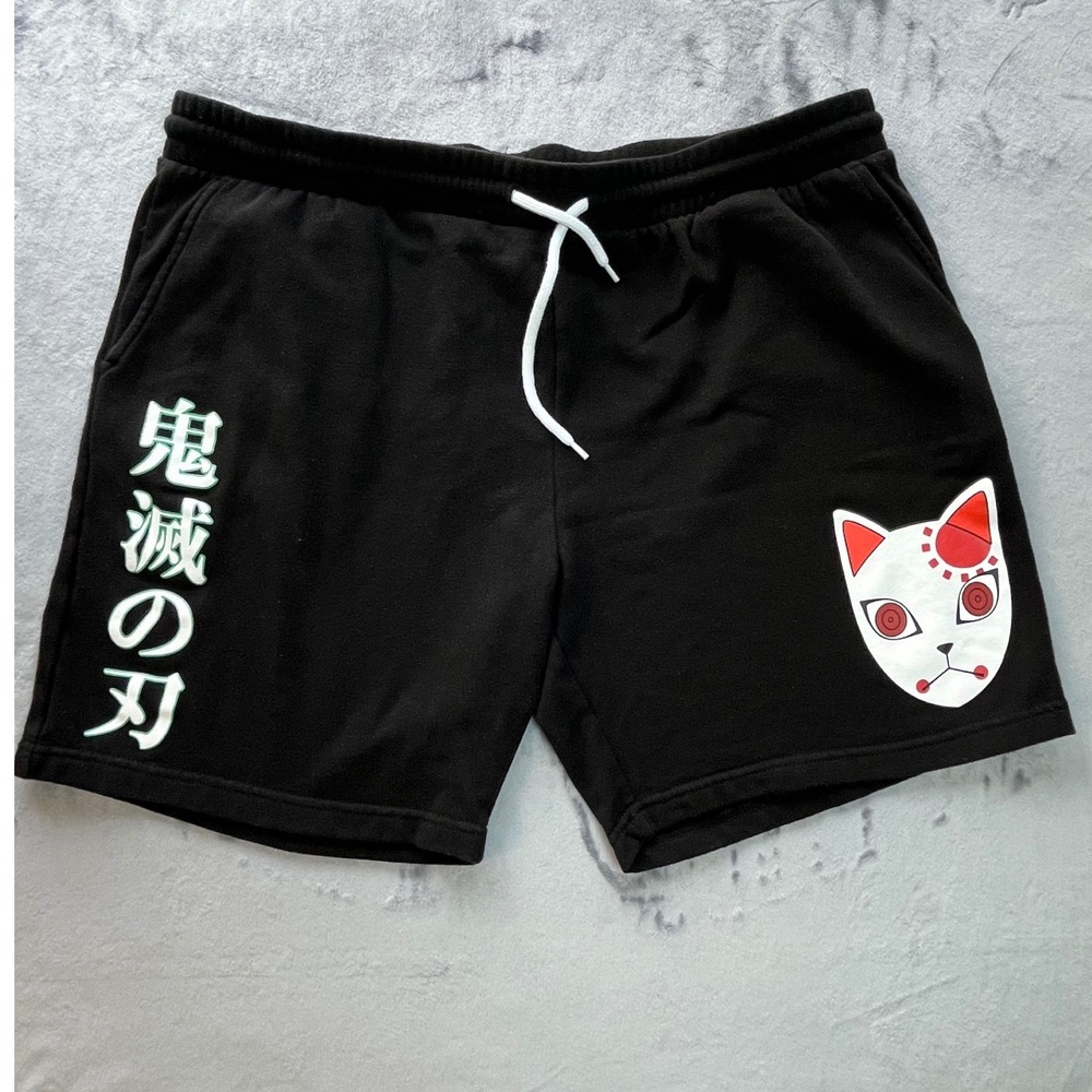 Demon Slayer Anime Graphic Black Sweat Shorts Men's XL Nezuko Inosuke Mask